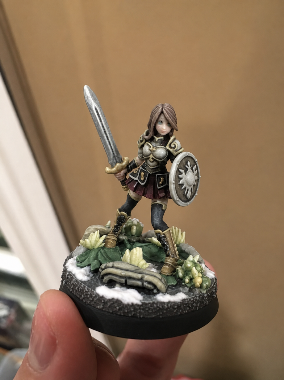 Custom female warrior figurine with a sword and sun-emblem shield - JuJuBit